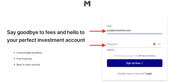 Signup screenshot with arrows pointing to email address and password fields