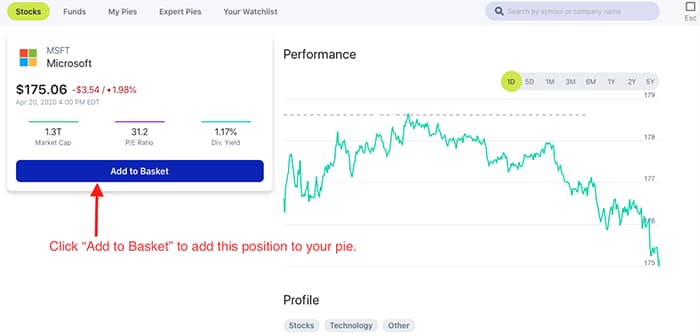 Screenshot with arrow pointing to Add to Basket button to add this position to your pie