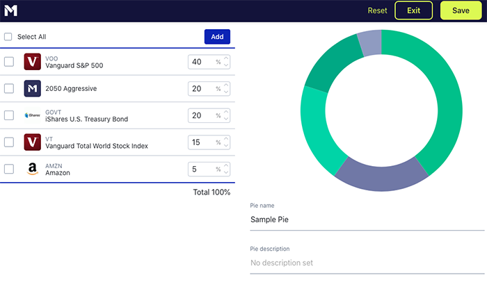 Screenshot of sample M1 Finance portfolio pie with examples from Vanguard, M1, bonds, and Amazon