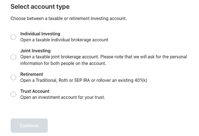 Screenshot from M1 Finance signup process showing taxable or retirement investing account options